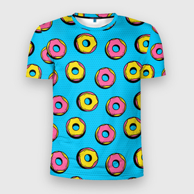 Мужская футболка 3D Slim с принтом Желтые и розовые пончики в Кировске, 100% полиэстер с улучшенными характеристиками | приталенный силуэт, круглая горловина, широкие плечи, сужается к линии бедра | 