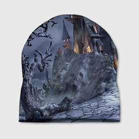 Шапка 3D с принтом Старый заброшенный замок   Halloween в Новосибирске, 100% полиэстер | универсальный размер, печать по всей поверхности изделия | Тематика изображения на принте: 