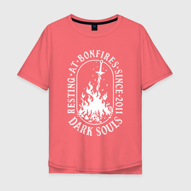 Мужская футболка хлопок Oversize с принтом Dark Souls костер в Санкт-Петербурге, 100% хлопок | свободный крой, круглый ворот, “спинка” длиннее передней части | 