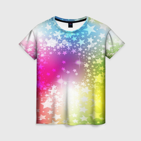 Женская футболка 3D с принтом Звезды на радужном фоне в Петрозаводске, 100% полиэфир ( синтетическое хлопкоподобное полотно) | прямой крой, круглый вырез горловины, длина до линии бедер | 