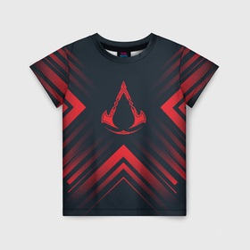 Детская футболка 3D с принтом Красный символ Assassins Creed на темном фоне со стрелками в Кировске, 100% гипоаллергенный полиэфир | прямой крой, круглый вырез горловины, длина до линии бедер, чуть спущенное плечо, ткань немного тянется | 