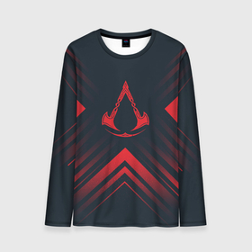 Мужской лонгслив 3D с принтом Красный символ Assassins Creed на темном фоне со стрелками в Петрозаводске, 100% полиэстер | длинные рукава, круглый вырез горловины, полуприлегающий силуэт | 