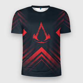 Мужская футболка 3D Slim с принтом Красный символ Assassins Creed на темном фоне со стрелками в Новосибирске, 100% полиэстер с улучшенными характеристиками | приталенный силуэт, круглая горловина, широкие плечи, сужается к линии бедра | 