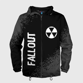 Мужская ветровка 3D с принтом Fallout glitch на темном фоне: надпись, символ в Белгороде, 100% полиэстер | подол и капюшон оформлены резинкой с фиксаторами, два кармана без застежек по бокам, один потайной карман на груди | 