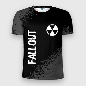 Мужская футболка 3D Slim с принтом Fallout glitch на темном фоне: надпись, символ в Белгороде, 100% полиэстер с улучшенными характеристиками | приталенный силуэт, круглая горловина, широкие плечи, сужается к линии бедра | 