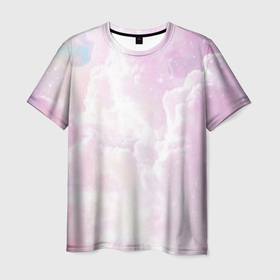 Мужская футболка 3D с принтом Розовые облака на голубом небе в Белгороде, 100% полиэфир | прямой крой, круглый вырез горловины, длина до линии бедер | 