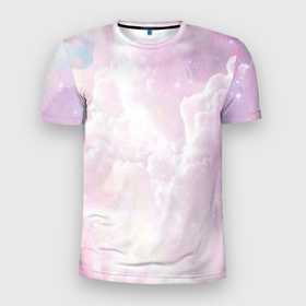 Мужская футболка 3D Slim с принтом Розовые облака на голубом небе в Тюмени, 100% полиэстер с улучшенными характеристиками | приталенный силуэт, круглая горловина, широкие плечи, сужается к линии бедра | 