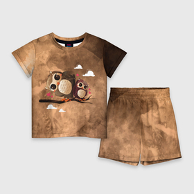 Детский костюм с шортами 3D с принтом Сова и совёнок на суку в Курске,  |  | Тематика изображения на принте: 