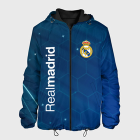 Мужская куртка 3D с принтом Real Madrid голубая абстракция в Белгороде, ткань верха — 100% полиэстер, подклад — флис | прямой крой, подол и капюшон оформлены резинкой с фиксаторами, два кармана без застежек по бокам, один большой потайной карман на груди. Карман на груди застегивается на липучку | 