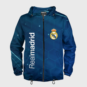 Мужская ветровка 3D с принтом Real Madrid голубая абстракция в Санкт-Петербурге, 100% полиэстер | подол и капюшон оформлены резинкой с фиксаторами, два кармана без застежек по бокам, один потайной карман на груди | 