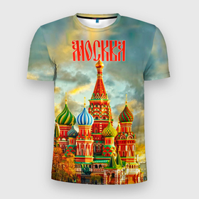 Мужская футболка 3D Slim с принтом Москва   Храм Василия Блаженного , 100% полиэстер с улучшенными характеристиками | приталенный силуэт, круглая горловина, широкие плечи, сужается к линии бедра | 