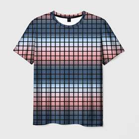 Мужская футболка 3D с принтом Разноцветный коралловый с синим узор клетка в Санкт-Петербурге, 100% полиэфир | прямой крой, круглый вырез горловины, длина до линии бедер | Тематика изображения на принте: 