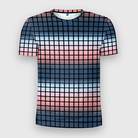Мужская футболка 3D Slim с принтом Разноцветный коралловый с синим узор клетка в Санкт-Петербурге, 100% полиэстер с улучшенными характеристиками | приталенный силуэт, круглая горловина, широкие плечи, сужается к линии бедра | Тематика изображения на принте: 