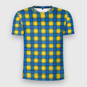 Мужская футболка 3D Slim с принтом Желтый с синим клетчатый модный узор в Новосибирске, 100% полиэстер с улучшенными характеристиками | приталенный силуэт, круглая горловина, широкие плечи, сужается к линии бедра | 