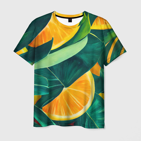 Мужская футболка 3D с принтом Листья монстеры и дольки апельсинов в Тюмени, 100% полиэфир | прямой крой, круглый вырез горловины, длина до линии бедер | Тематика изображения на принте: 
