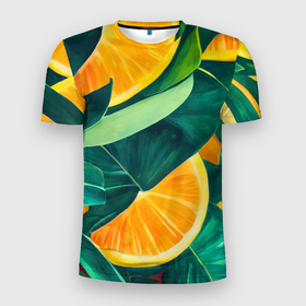 Мужская футболка 3D Slim с принтом Листья монстеры и дольки апельсинов в Санкт-Петербурге, 100% полиэстер с улучшенными характеристиками | приталенный силуэт, круглая горловина, широкие плечи, сужается к линии бедра | 