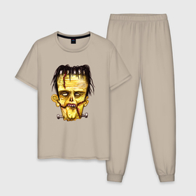 Мужская пижама хлопок с принтом Франкенштейн желтый зомби в Белгороде, 100% хлопок | брюки и футболка прямого кроя, без карманов, на брюках мягкая резинка на поясе и по низу штанин
 | 