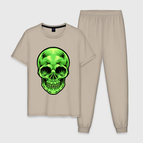 Мужская пижама хлопок с принтом Зеленый кислотный череп в Курске, 100% хлопок | брюки и футболка прямого кроя, без карманов, на брюках мягкая резинка на поясе и по низу штанин
 | 