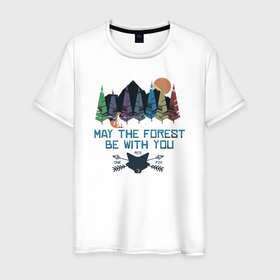Мужская футболка хлопок с принтом Горы, лес и лиса в Екатеринбурге, 100% хлопок | прямой крой, круглый вырез горловины, длина до линии бедер, слегка спущенное плечо. | 