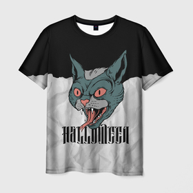 Мужская футболка 3D с принтом Happy Halloween   wild cat в Белгороде, 100% полиэфир | прямой крой, круглый вырез горловины, длина до линии бедер | Тематика изображения на принте: 