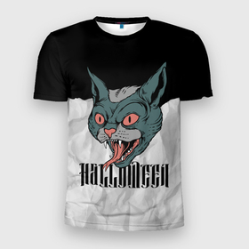 Мужская футболка 3D Slim с принтом Happy Halloween   wild cat в Белгороде, 100% полиэстер с улучшенными характеристиками | приталенный силуэт, круглая горловина, широкие плечи, сужается к линии бедра | Тематика изображения на принте: 