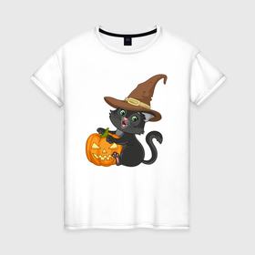 Женская футболка хлопок с принтом Чёрный котик в шляпе и с тыквой в Новосибирске, 100% хлопок | прямой крой, круглый вырез горловины, длина до линии бедер, слегка спущенное плечо | 