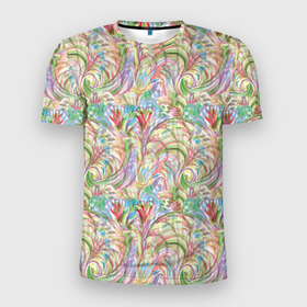Мужская футболка 3D Slim с принтом Абстракция полевые цветы акварель в Тюмени, 100% полиэстер с улучшенными характеристиками | приталенный силуэт, круглая горловина, широкие плечи, сужается к линии бедра | 