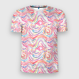 Мужская футболка 3D Slim с принтом Розовые завитушки акварель в Екатеринбурге, 100% полиэстер с улучшенными характеристиками | приталенный силуэт, круглая горловина, широкие плечи, сужается к линии бедра | 