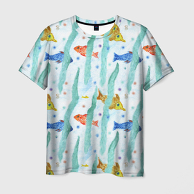 Мужская футболка 3D с принтом Детский рисунок рыбки акварель в Курске, 100% полиэфир | прямой крой, круглый вырез горловины, длина до линии бедер | 