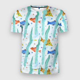 Мужская футболка 3D Slim с принтом Детский рисунок рыбки акварель в Новосибирске, 100% полиэстер с улучшенными характеристиками | приталенный силуэт, круглая горловина, широкие плечи, сужается к линии бедра | Тематика изображения на принте: 