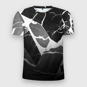 Мужская футболка 3D Slim с принтом Черно белый мрамор с трещинами в Екатеринбурге, 100% полиэстер с улучшенными характеристиками | приталенный силуэт, круглая горловина, широкие плечи, сужается к линии бедра | Тематика изображения на принте: 