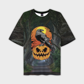 Мужская футболка OVERSIZE 3D с принтом Ворон, сидящий на тыкве   Halloween в Кировске,  |  | 