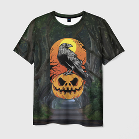 Мужская футболка 3D с принтом Ворон, сидящий на тыкве   Halloween в Кировске, 100% полиэфир | прямой крой, круглый вырез горловины, длина до линии бедер | 