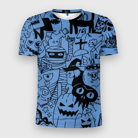 Мужская футболка 3D Slim с принтом Composition on the theme of Halloween в Петрозаводске, 100% полиэстер с улучшенными характеристиками | приталенный силуэт, круглая горловина, широкие плечи, сужается к линии бедра | Тематика изображения на принте: 