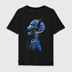 Мужская футболка хлопок Oversize с принтом Скелет в наушниках   меломан в Курске, 100% хлопок | свободный крой, круглый ворот, “спинка” длиннее передней части | Тематика изображения на принте: 