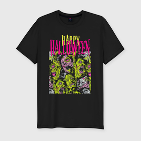Мужская футболка хлопок Slim с принтом Happy Halloween   crazy faces , 92% хлопок, 8% лайкра | приталенный силуэт, круглый вырез ворота, длина до линии бедра, короткий рукав | 