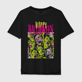 Мужская футболка хлопок Oversize с принтом Happy Halloween   crazy faces в Белгороде, 100% хлопок | свободный крой, круглый ворот, “спинка” длиннее передней части | Тематика изображения на принте: 