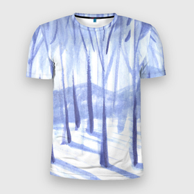 Мужская футболка 3D Slim с принтом Зимний лес акварель в Новосибирске, 100% полиэстер с улучшенными характеристиками | приталенный силуэт, круглая горловина, широкие плечи, сужается к линии бедра | Тематика изображения на принте: 