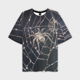 Мужская футболка OVERSIZE 3D с принтом Блестящий паук в паутине в Тюмени,  |  | 