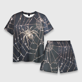 Мужской костюм с шортами 3D с принтом Блестящий паук в паутине в Тюмени,  |  | 