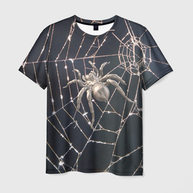 Мужская футболка 3D с принтом Блестящий паук в паутине в Кировске, 100% полиэфир | прямой крой, круглый вырез горловины, длина до линии бедер | Тематика изображения на принте: 