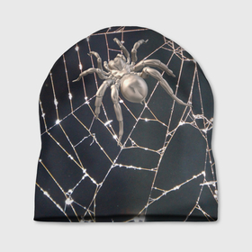 Шапка 3D с принтом Блестящий паук в паутине в Екатеринбурге, 100% полиэстер | универсальный размер, печать по всей поверхности изделия | 