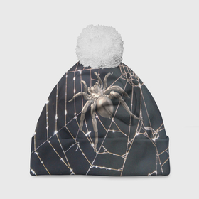 Шапка 3D c помпоном с принтом Блестящий паук в паутине в Кировске, 100% полиэстер | универсальный размер, печать по всей поверхности изделия | 