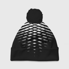 Шапка 3D c помпоном с принтом Черно белая симметричная сетка из треугольников в Петрозаводске, 100% полиэстер | универсальный размер, печать по всей поверхности изделия | Тематика изображения на принте: 