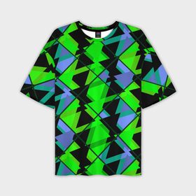 Мужская футболка OVERSIZE 3D с принтом Абстрактные узор из геометрических фигур в зеленых и синих тонах в Санкт-Петербурге,  |  | 