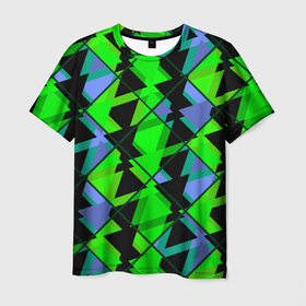 Мужская футболка 3D с принтом Абстрактные узор из геометрических фигур в зеленых и синих тонах в Белгороде, 100% полиэфир | прямой крой, круглый вырез горловины, длина до линии бедер | Тематика изображения на принте: 
