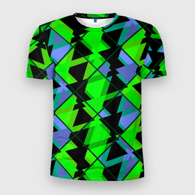 Мужская футболка 3D Slim с принтом Абстрактные узор из геометрических фигур в зеленых и синих тонах в Белгороде, 100% полиэстер с улучшенными характеристиками | приталенный силуэт, круглая горловина, широкие плечи, сужается к линии бедра | 