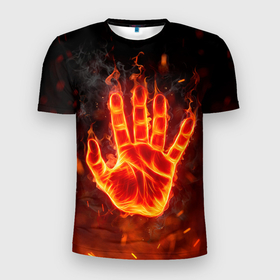 Мужская футболка 3D Slim с принтом Рука в огне в Новосибирске, 100% полиэстер с улучшенными характеристиками | приталенный силуэт, круглая горловина, широкие плечи, сужается к линии бедра | 