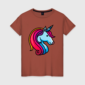 Женская футболка хлопок с принтом Разноцветный единорог в Екатеринбурге, 100% хлопок | прямой крой, круглый вырез горловины, длина до линии бедер, слегка спущенное плечо | 