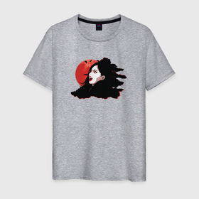 Мужская футболка хлопок с принтом Женщина вампир и красная луна в Курске, 100% хлопок | прямой крой, круглый вырез горловины, длина до линии бедер, слегка спущенное плечо. | Тематика изображения на принте: 